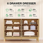 Fluted 6 Drawer Dresser, 47" Wide Chest of Drawers with Faux Marble Top, Modern Dresser TV Stand, Wood Closet Clothes Storage Organizer with Curved Edges for Bedroom, Living Room, Natural