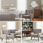 Mid-Century Modern Accent Chair Set of 2, Plush Linen Fabric with Button Tufted High Back & 5" Thick Cushion, High Comfort Reading Chair for Living Room, Bedroom, Office (Light Gray)
