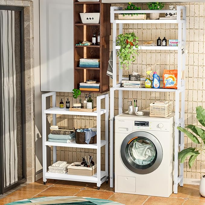 Recaceik 6-Tier Over The Toilet Storage Shelf with Cart, Freestanding Above Toilet Shelf Rack, Farmhouse Bathroom Organizer Shelves, Space Saver (White)