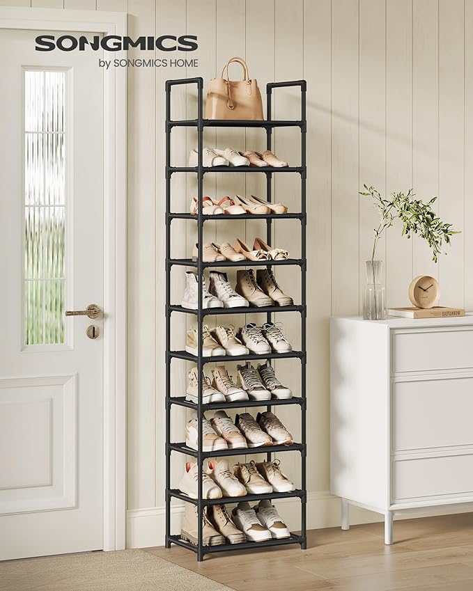 SONGMICS Shoe Rack, 10-Tier Shoe Shelf, Shoe Storage Organizer, 11 x 17.7 x 68 Inches, Metal Frame, Non-Woven Fabric Shelves, for Entryway, Bedroom, Black ULSH010B02