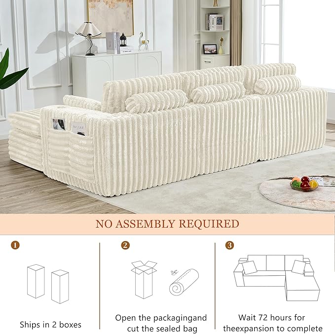 114" Cloud Boneless Sectional Couches for Living Room, Modular Sectional Sofa with Cup Holder, Cozy Fluffy L Shaped Deep Seat Boneless Couch with Storage Pocket, No Assembly Required, Beige