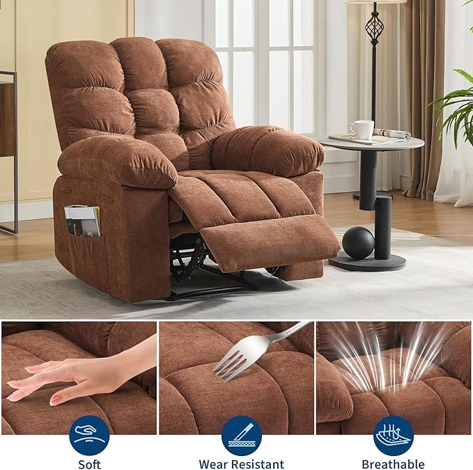Recliner Rocking Chair with Massage and Heat, Wide Overstuffed Ergonomic Fabric Recliner with Breathable Upholstery, 2 Side Pockets & Remote Control for Living Room or Bedroom