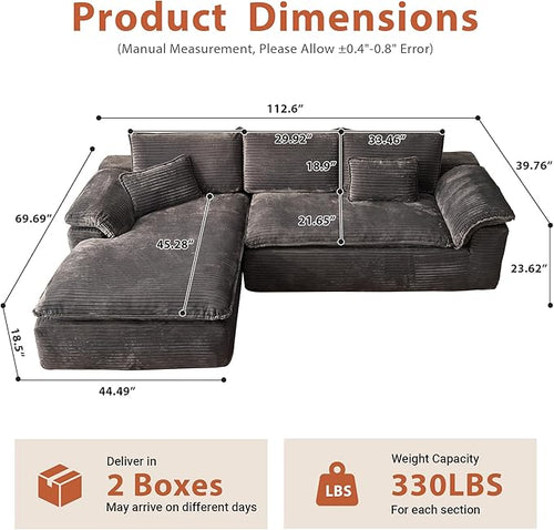 113 in Oversized Cloud Sofa with L Shape Chaise, Sectional Couches for Living Room, Assembly Free Modular Comfy Corduroy Sofa with Left Facing Chaise Longue for Home Apartment (Left Chaise, Gray)