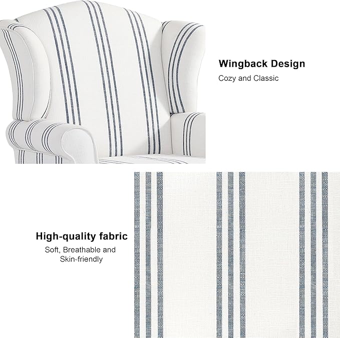 Accent Chair, High Back Upholstered Armchair with High Resilience Sponge & Wood Legs, Mid-Century Modern Comfy Single Sofa Reading Chairs for Living Room, Bedroom - Stripe Navy, Set of 1