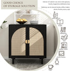 Black Rattan Cabinet-2-Doors,Sideboard Buffet Cabinet with Storage-Accent Storage Cabinet with Cane Door, Boho Wood Credenza for Dining Room, Kitchen,Study Room (Black01-2 Door)