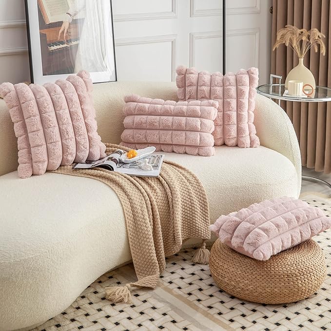 Neelvin Pink Faux Fur Cozy Soft Plaid Decorative Throw Pillow Covers 18x18 inch Set of 2,Velvet Pillowcase Cushion Case for Sofa Couch