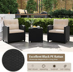 Tangkula 3 Piece Patio Furniture Set, Rattan Conversation Set w/Soft Seat & Back Cushions, Tempered Glass Topped Coffee Table, Cushioned Wicker Seating Set for Backyard, Porch, Poolside (Beige)
