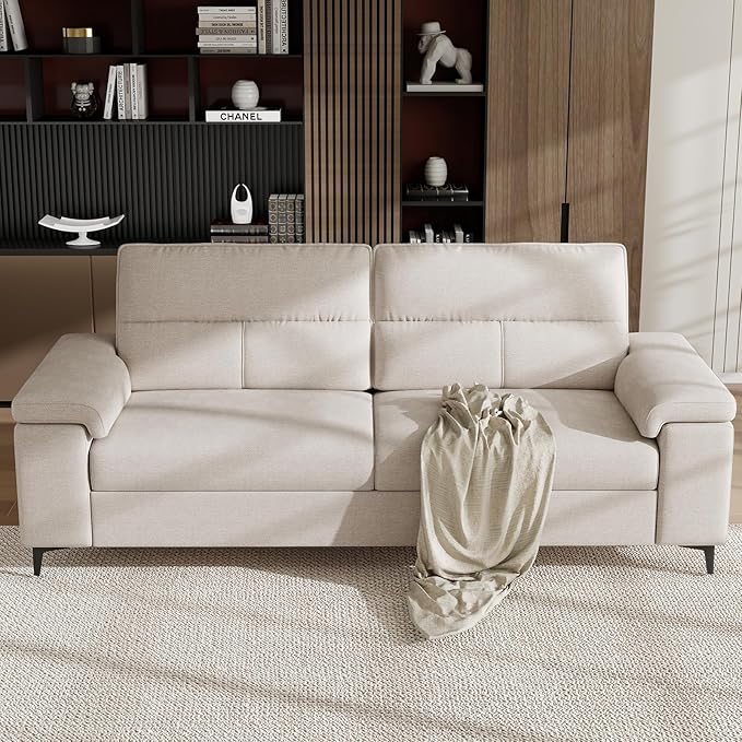 88.97" Modern Couches for Living Room, Deep Seat Sofa with 8”Cushion, Comfy 2-Seater Chenille Loveseat Sofa with Convertible Armrest, Removable Sofa Cover, High Leg (Beige)