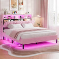 Queen Bed Frame with Storage Headboard,Power Outlet, Modern Velvet Upholstered Platform Bed LED Bed Frame with 5 Storage Shelves, No Box Spring Needed, Pink