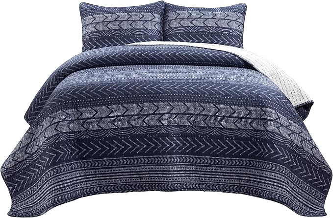Lush Decor Hygge Geo Pattern Striped 3 Piece Quilt Bedding Set, Full/Queen, Navy