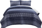 Lush Decor Hygge Geo Pattern Striped 3 Piece Quilt Bedding Set, Full/Queen, Navy