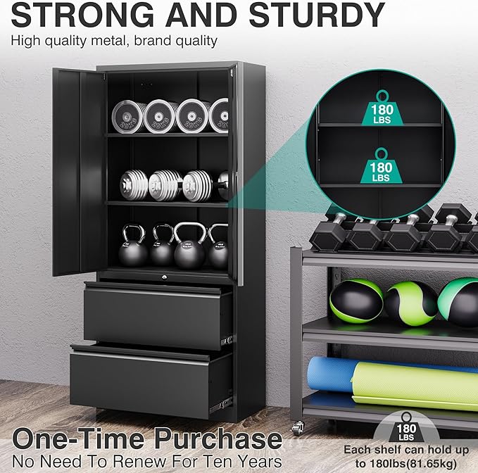 SISESOL Black Metal Storage Cabinet with Drawers and Lock,Locking Steel Storage Cabinet with Doors and Shelves,71" Office File Cabinets for Home Office,Warehouse,Garage,School (Black, 2 Drawers)