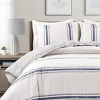 Lush Decor Farmhouse Stripe Reversible Cotton Comforter Set, 3 Piece Set, California King, Navy - Cozy Farmhouse Bedding Set - Rustic Decor - Striped Comforter - Modern Farmhouse Bedroom Decor