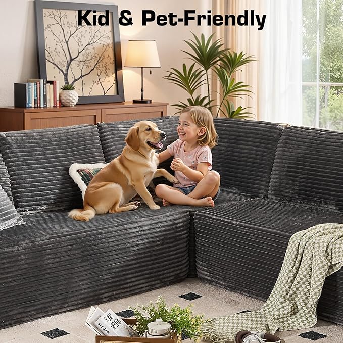 Weaxty Boneless Sectional Couch, Oversized U Shaped Modular Cloud Couches, Plush Corduroy Memory Foam Deep Seat Floor Sofa, No Assembly Required，Gray