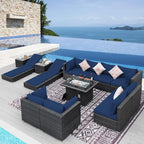 NICESOUL 13 Piece Outside Furniture with Firepit, Extra Large Outdoor Sofa Set with Lounges, Oversized Wicker Patio Sets with Long Fire Pits and Double Chaise, Big 10-Persons Seating Group, Gray&Navy