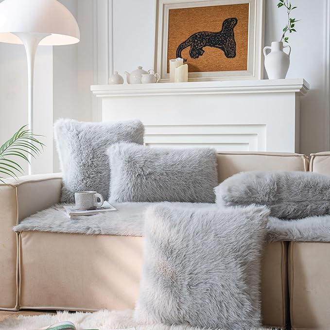 Neelvin Light Grey Faux Fur Cozy Fluffy Double-Sided Decorative Throw Pillow Covers 24x24 inch Set of 2,Velvet Pillowcase Cushion Case for Sofa Couch