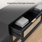 SICOTAS Rattan Dresser for Bedroom, 56.9" Wide 6 Drawer Dresser with Ample Storage, Wooden Dressers Large Chest of Drawers, Closet, Boho TV Stand for Bedroom (Black Oak, 2 Pieces)