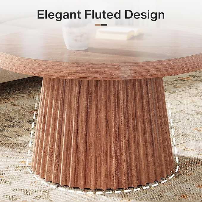 Tribesigns Coffee Table, 31.5" Small Farmhouse Round Coffee Tables with Fluted Drum Base, Mid Century Modern Farmhouse Accent Center Table for Living Room, Apartment, Small Space, Walnut