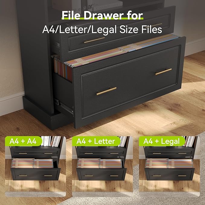 LITTLE TREE 72" Tall Black Bookcase, 5-Tier Office Bookself with File Cabinet Drawers,Modern Floor Standing Storage Filing Cabinet Book Shelf for Living Room,Bedroom