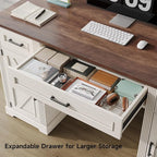 ONBRILL 55 inch Farmhouse Executive Desk with Drawers, Home Office Desk with File Cabinet, Outlets, Storage Cabinet, Keyboard Tray, Wood Computer Desk for Work Study Writing, Off White & Walnut