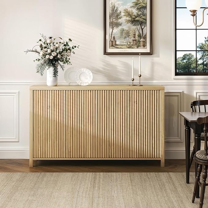 YOUDENOVA Fluted Buffet Cabinet with Storage, Modern Sideboard Cabinets with 4 Doors & Adjustable Shelves, Accent 56” Credenza Storage Cabinet, Wood Entryway Cabinet for Living Room Hallway, Natural