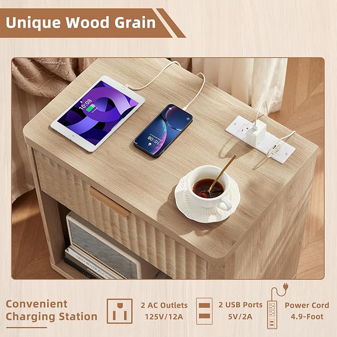 LEYAOYAO Fluted Nightstand with Charging Station, 23" Wide 1 Drawers Night Stand,Natural End Table with Open Storage,Farmhouse Bed Side Tables, Wood Dresser for Bedroom, Living Room, Closet
