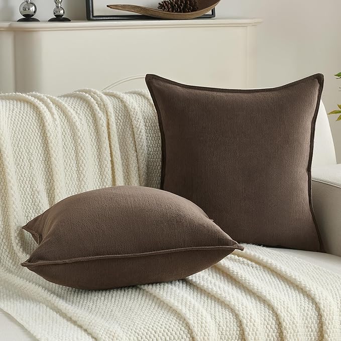 FUTEI Dark Coffee Chenille Throw Pillow Covers 16x16 Inch Set of 2,Edges Double-Stitched Cushion Cases,Modern Home Decor for Couch Living Room
