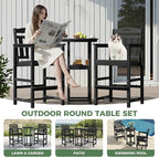 HDPE Outdoor Patio Bar Set with Bar Height Table and 2 Adirondack Chairs, All-Weather High Top Outside Round Pub Furniture for Bistro, Garden, Backyard, Deck | 3-Pieces, Matte Black