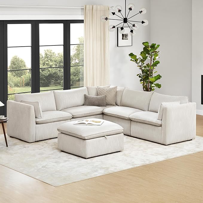 CHITA Luxury Oversized V-Shaped Sectional Sofa Couch, Premium Down Filled Cloud Modular Sectional, FSC Certified, 107''Width, 4 Seat and 1 Middle Corner for Living Room, Snow