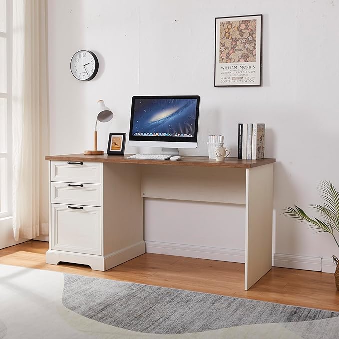 60" Farmhouse Executive Desk with Charging Station,Home Office Desk with 2 Drawers &1 File Cabinet,Fluted Computer Desk for Office and Home (White)