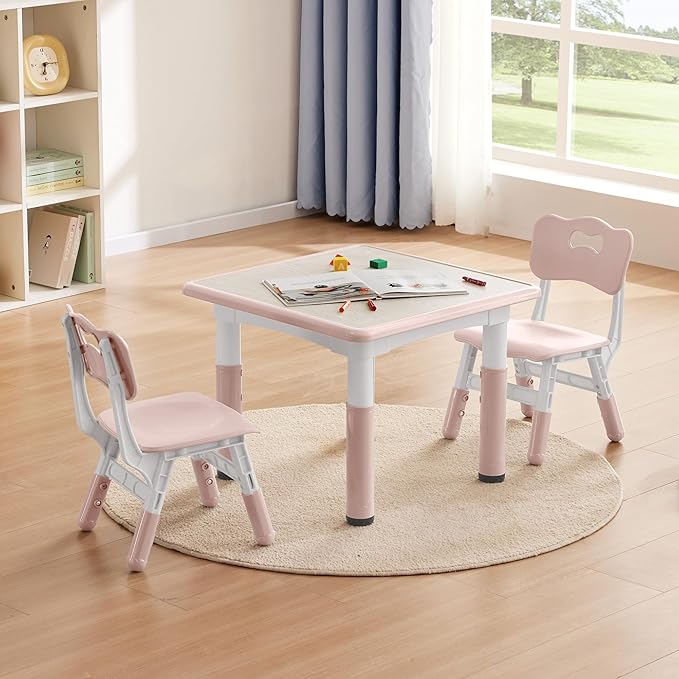 Kids Study Table and Chairs Set, Height Adjustable Toddler Table and Chair Set for Kids Ages 3-8, 23.6" L x 23.6" W Graffiti Desktop Plastic Children Art Table with 2 Seats, W-Pink