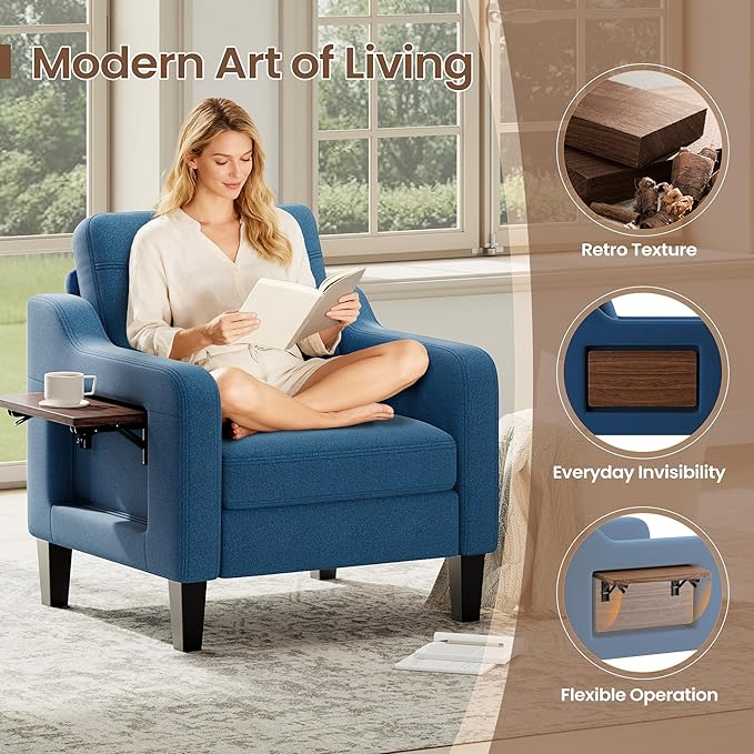 Accent Chair for Living Room Modern Linen Upholstered Armchair Side Wooden Fabric Sofa Chair with Foldable Table 2 Side Pockets Comfy Reading Chair for Bedroom