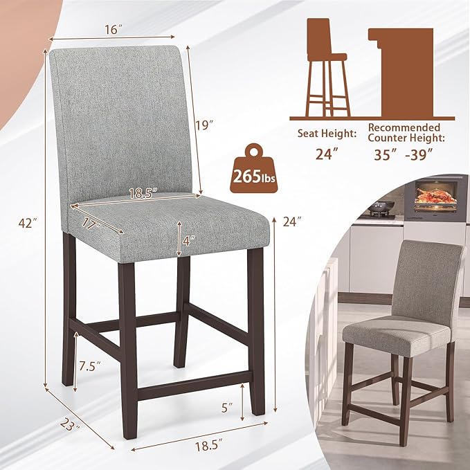 COSTWAY Counter Height Bar Stools Set of 4, 24'' Upholstered Mid Century Modern Island Chairs with Rubber Wood Legs, Wooden Barstools for Kitchen, Dining Room, Bar, Restaurant (Light Grey)