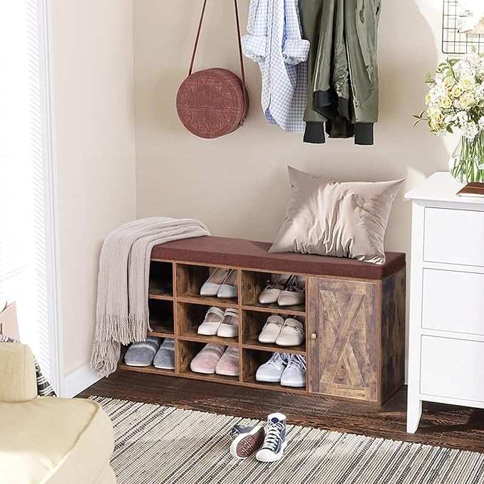 MFSTUDIO Shoe Storage Bench, Shoe Rack Bench with Barn Door Cabinet, 9 Open Compartments, Seating Cushion, Freestanding Shoe Rack Organizer for Entryway Hallway Bedroom, Rustic Brown, Large Size