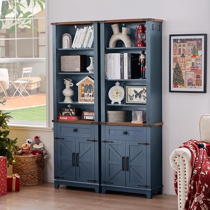 72in Tall Bookshelf 7 Tier Bookcase with Drawer and Barn Doors and Adjustable Shelves, Blue Farmhouse Book Shelf with Storage Cabinet, Wood Freestanding Display Bookshelves for Kitchen (4PCS)