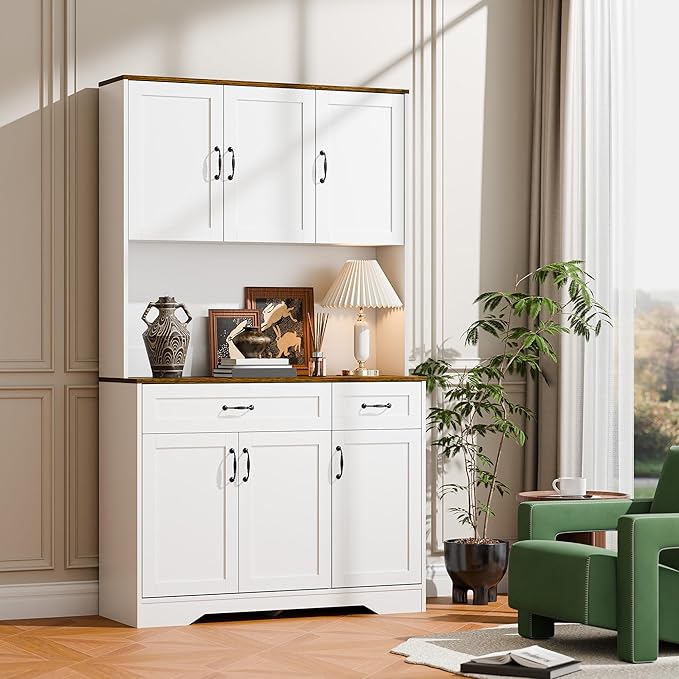 Cozy Castle 71" Tall Kitchen Hutch Cabinet with Drawers and Power Outlet, Farmhouse Pantry Storage Cabinet, Large Wood Coffee Bar Microwave Stand Cupboard for Dining Room Living Room, White