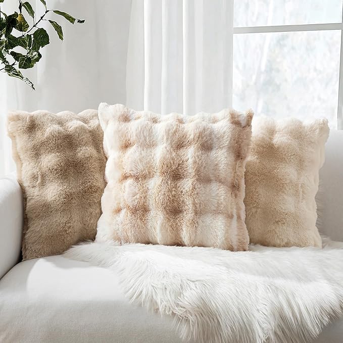 MIULEE Faux Fur Pillow Covers Thick Soft Plush Throw Pillows Luxury Home Decor for Couch Bed Bedroom Living Room Sofa,20x20 Inch Pack of 2 White-Beige