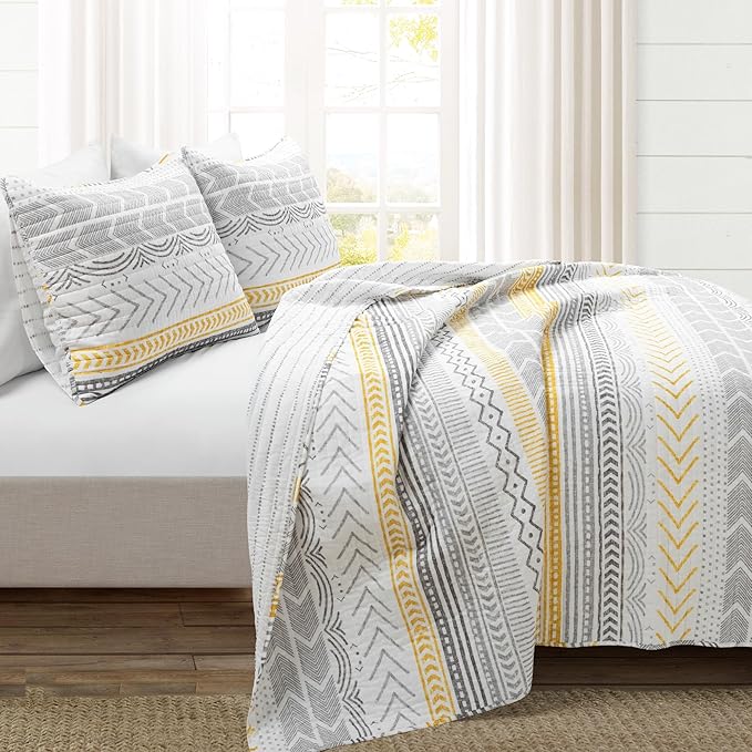 Lush Decor Hygge Geo Pattern Striped 3 Piece Quilt Bedding Set, Full/Queen, Yellow