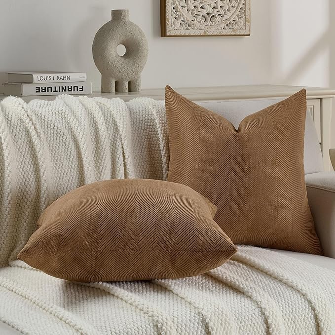 FUTEI Rust Chenille Throw Pillow Covers 16x16 Inch Set of 2,Soft Wide Chevron Textured Cushion Case,Farmhouse Home Decor for Couch Bed Living Room