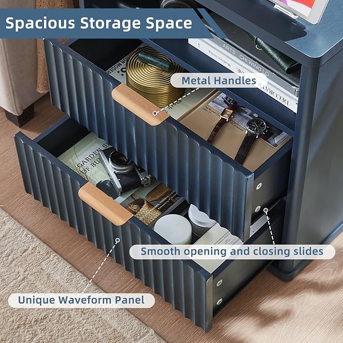 LEYAOYAO Fluted Nightstand with Charging Station, 23" Modern Night Stand with Woodgrain Top, 2 Drawers End Table w/Storage, Bedside Tables for Bedroom, Living Room, Curved Profile Design, Blue