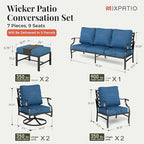 Patio Furniture Set 7 pcs, Outdoor Patio Furniture, 3-Seat Sofa, 2 Swivel Chairs, 2 Single Chairs, 2 Ottomans and 5.75" Extra Thick Cushion, Conversation Set for Deck,Gemstone Blue
