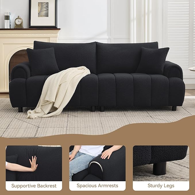 88 "Modern Boucle Sofa Couch, Oversized Comfy 3 Seater Sherpa Curved Sofas Deep Seat, Upholstered Loveseat Teddy Round Arm Couches for Living Room, Bedroom, Black