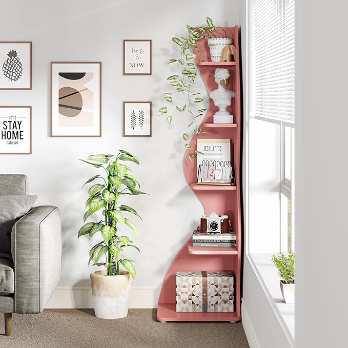Tribesigns Corner Shelf, Modern 5-Tier Wall Corner Bookshelf, Stylish Corner Small Bookcase Storage Rack Plant Stand with Unique Shape for Living Room, Home Office (Pink, 1PC)