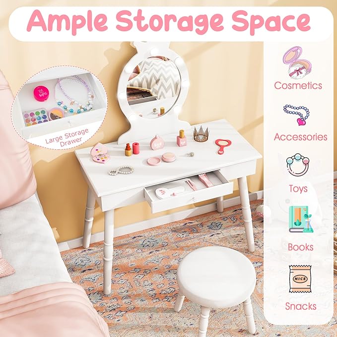 Costzon Kids Vanity, Girls Vanity Set with Mirror and Stool and Lights, Drawer, 2 in 1 Wooden Toddler Makeup Vanity Desk Dressing Table, Kids Vanity Table and Chair Set (White)