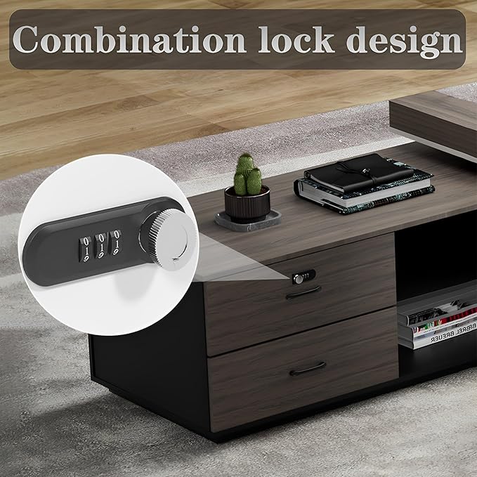 Modern Large Desk, Modern L-shaped Desk With Side Cabinets, Executive Desk With Combination Lock Drawer, Business Furniture Desk With Simple Cable Management (chair Not Included)(63x29.5x102.3inch)