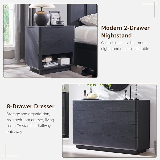 ACCOHOHO Modern Bedroom Set, 3 Pieces Bedroom Furniture Set, Includes 8 Drawers Dresser, 6 Dressers Organizer,Nightstand, Chest of Drawers Wide Storage Organizer Cabinet for Bedroom, Black
