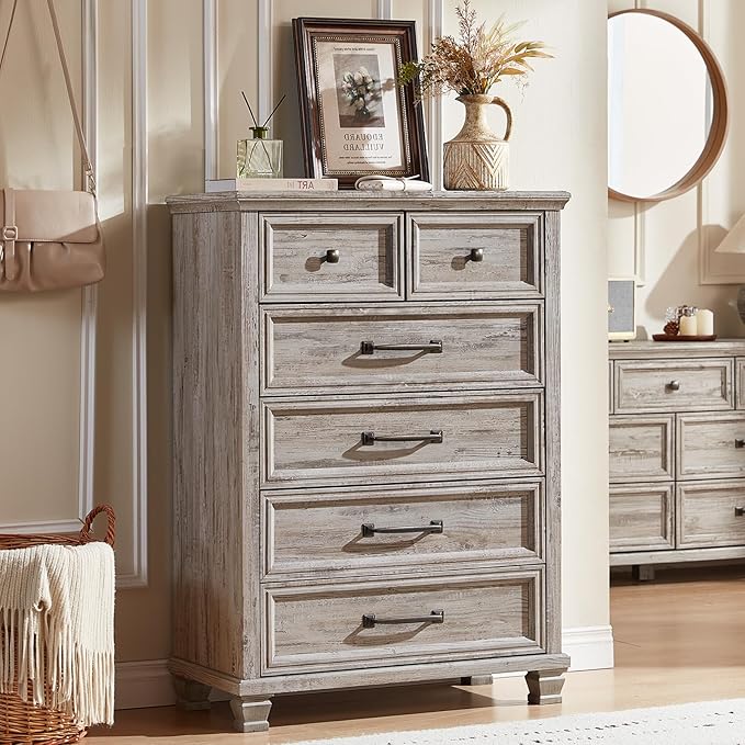 Farmhouse Bedroom Dresser and Nightstand Set of 4, 6 Drawer Tall & 5 Drawers Dresser & 2 Drawer Nightstand Set, Rustic Wood Bedroom Furniture Set for Livingroom, Hallway, Grey