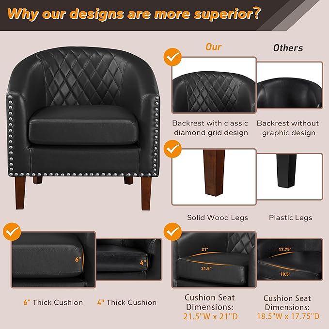 Prilinex Comfy Barrel Accent Chair Set of 4 - Faux Leather Living Room Chair Club Chair with Cushion, Diamond Grid Backrest & Nailhead Trim, Guest Chair for Office, Bedroom & Waiting Room, Black