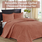 Madison Park King Quilt Set Reversible Damask Quilted Coverlet for King Size Bed, Cotton-Filled Quilts, All Season, Lofty & Warm Bedspread, Quebec, King Clay Red 3 Piece