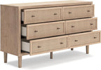 Signature Design by Ashley Cielden Coastal 6-Drawer Dresser, Bronze-Tone Knobs, Safety Stop, Textured Cane Details, 62.01" W x 19.65" D x 35.67" H, Light Brown